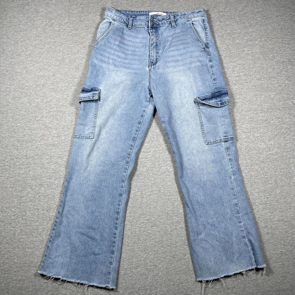 KanCan Jeans Womens 11 Blue Wide-Leg High Rise Cargo Pocket Distressed
